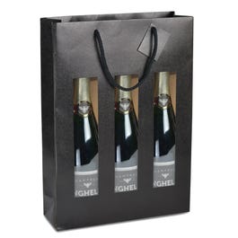 Sac 3 bouteilles kraft vergé noir fenetres et poignées coton 27+9x38cm par 10 Sac 3 bouteilles kraft vergé noir fenetres et poignées coton 27+9x38cm par 10