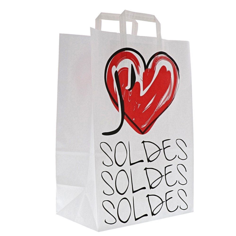 Sac SOLDES kraft rouge et blanc poignees plates 32x17x45cm par 50 RETIF