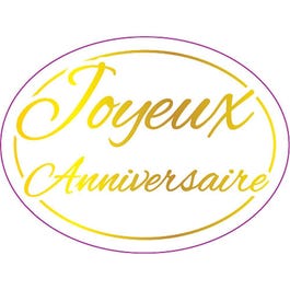 Etiquette cadeau adhésive Joyeux Anniversaire ovale blanc et or 3x4cm - par 500 Etiquette cadeau adhésive Joyeux Anniversaire ovale blanc et or 3x4cm - par 500